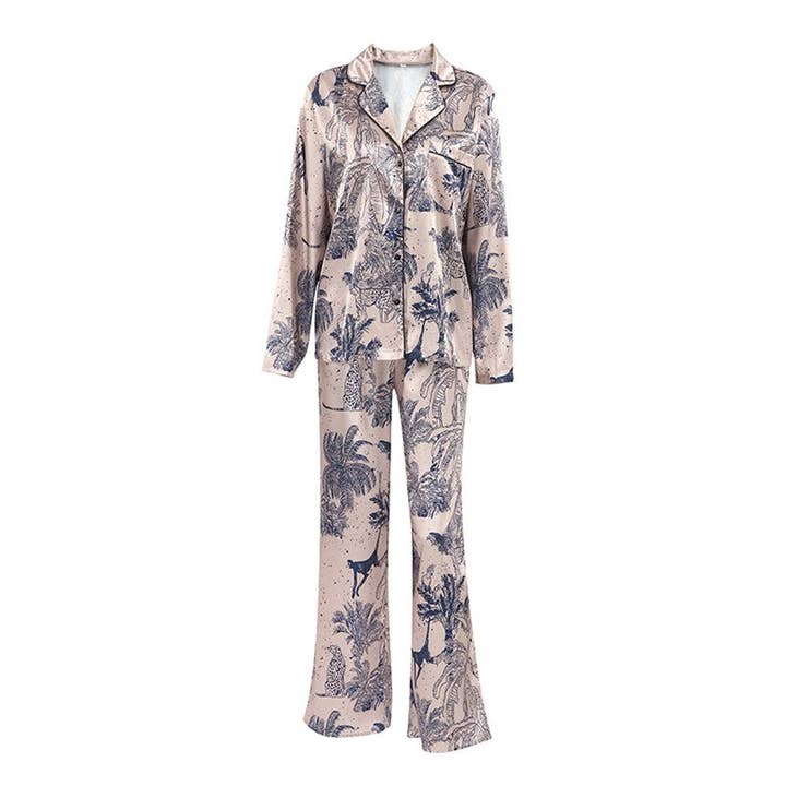 PRINTING Long Sleeve Satin Two-Piece Pajama Set with Lapel Collar and Single-Breasted Blouse for wholesale on Faire4