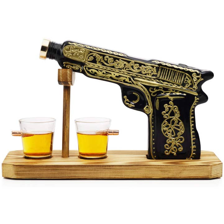 The Wine Savant / Khen Glassware – wholesale Decanter – Glass Hand Painted Pistol Gun Decanter & Shot Glasses Set