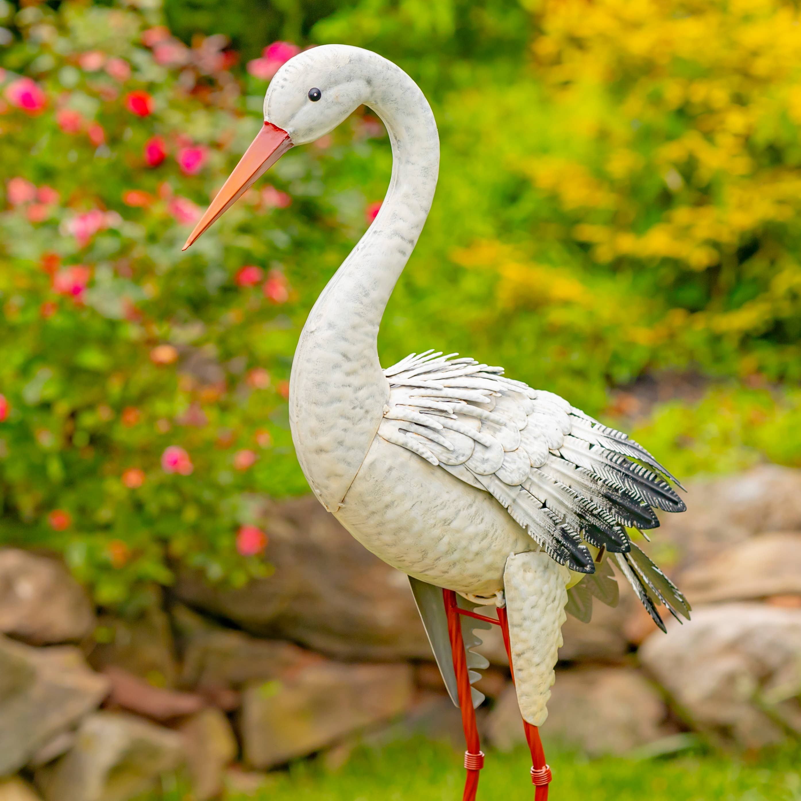 Zaer Ltd. International - Vente Bibelots/décorations d'extérieur - Figurine de jardin en métal avec un grand héron blanc de 44,5 pouces de haut1