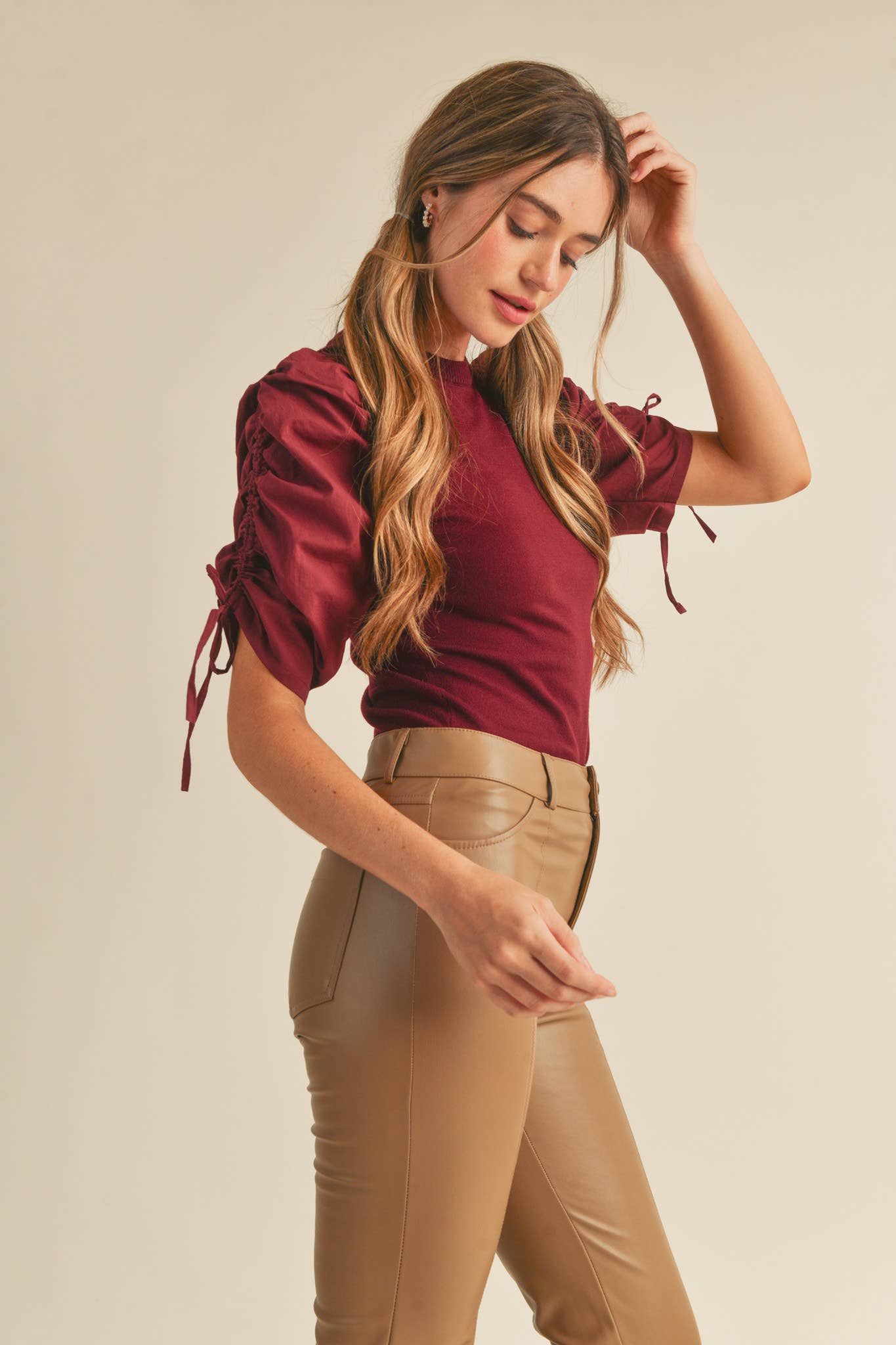 &MERCI - Wholesale Knit Top - Women's - RUCHED SLEEVE MIXED MEDIA TOP MSW246431