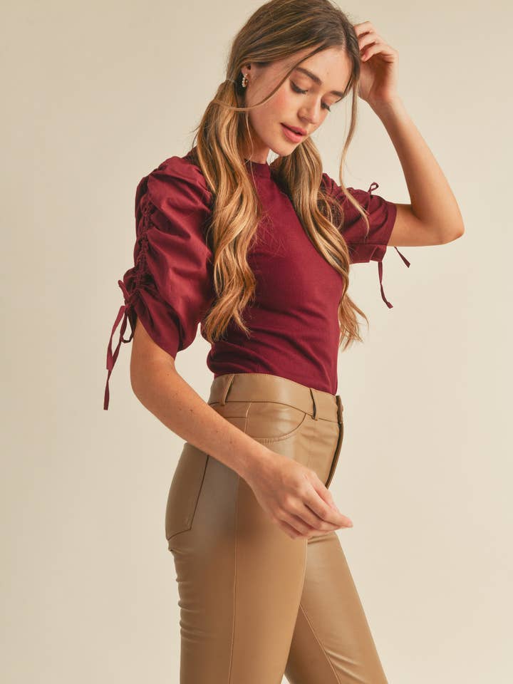 &MERCI - Wholesale Knit Top - Women's - RUCHED SLEEVE MIXED MEDIA TOP MSW246431