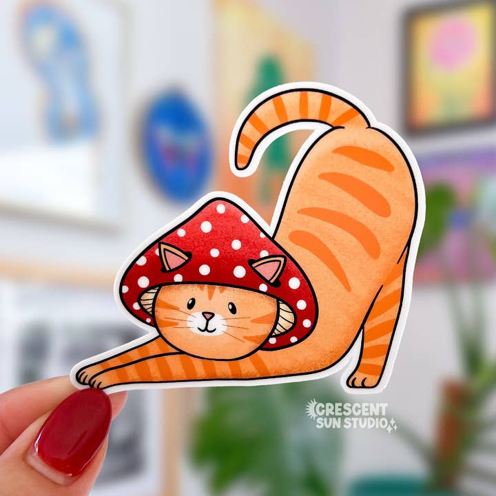 Adesivo arancione a forma di gatto soriano, simpatico adesivo a forma di fungo per la vendita all'ingrosso da parte di Crescent Sun Studio