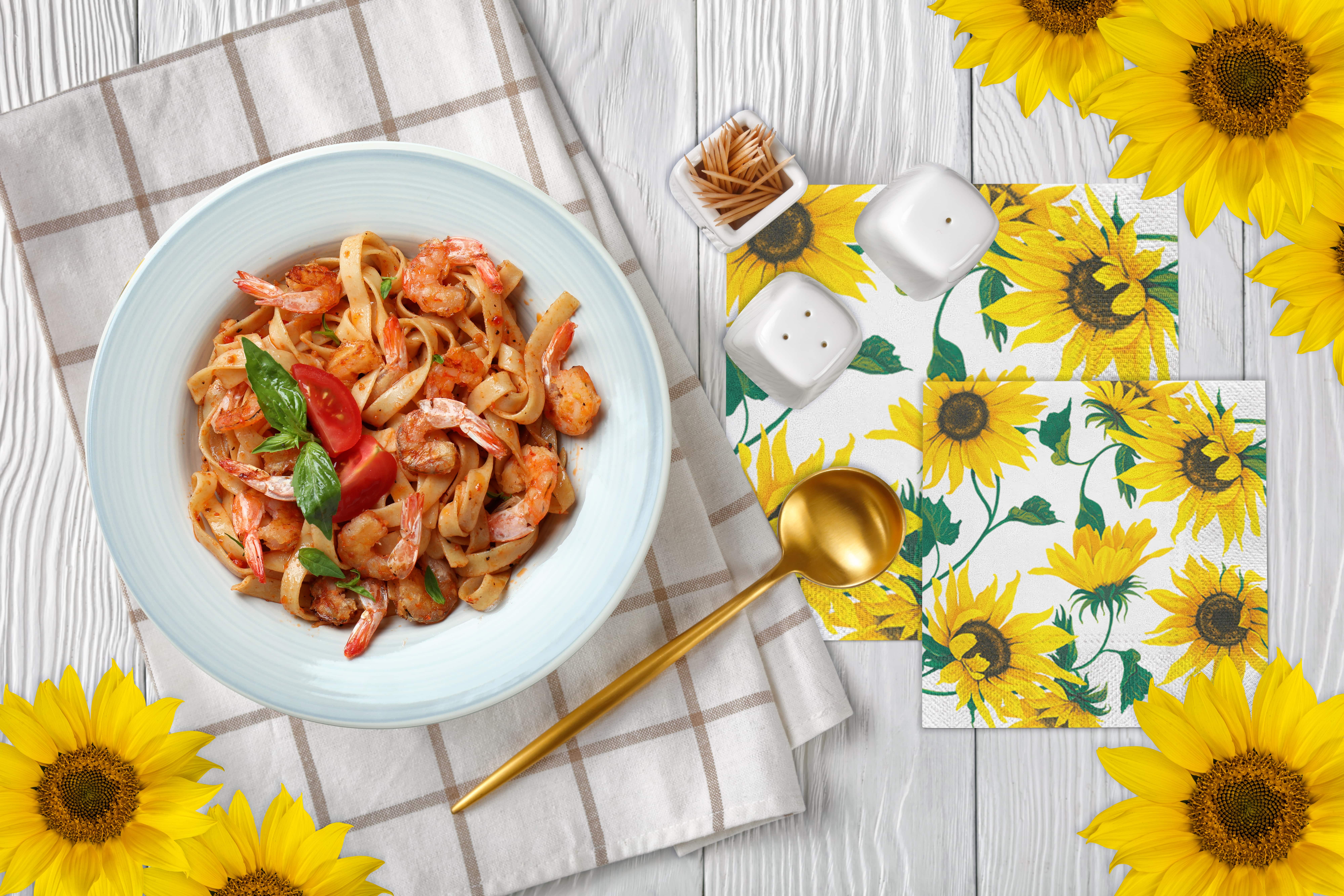 European Excellency – Guardanapo descartável por atacado – Girassóis em guardanapos de papel de coquetel branco7