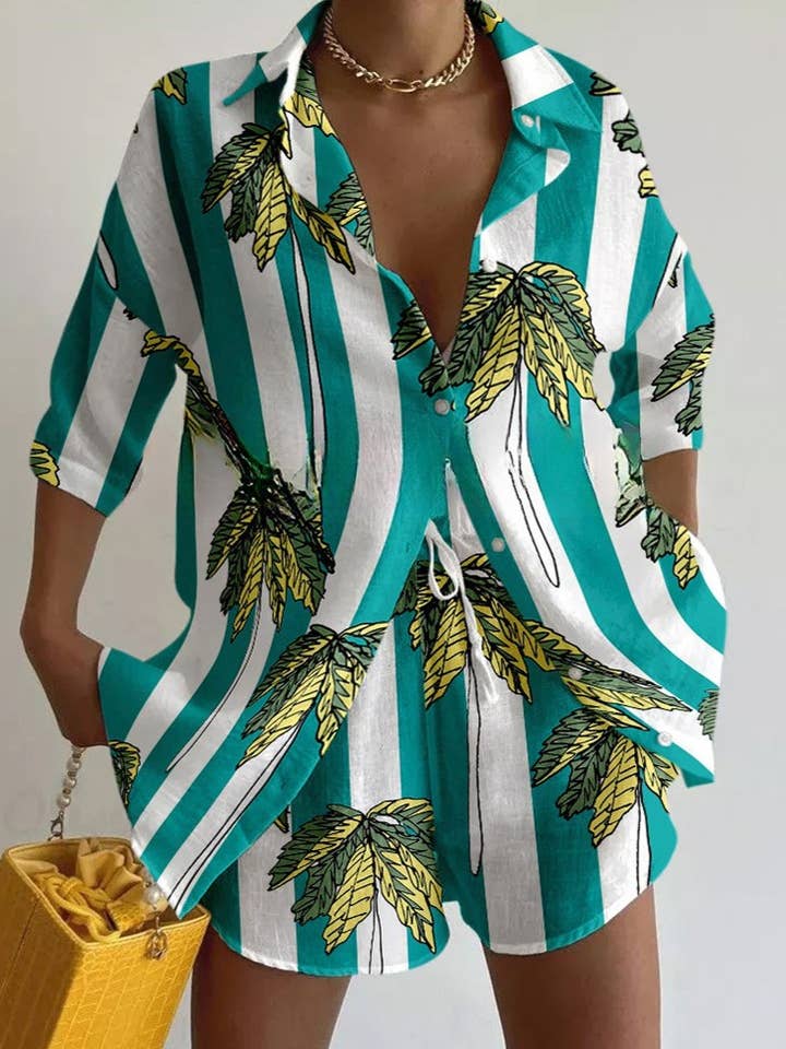 Rosa Clothing - Wholesale Top & Short Set (NOT Loungewear) - Women's - Vacation Parrot & Coconut Print Two-Piece Set