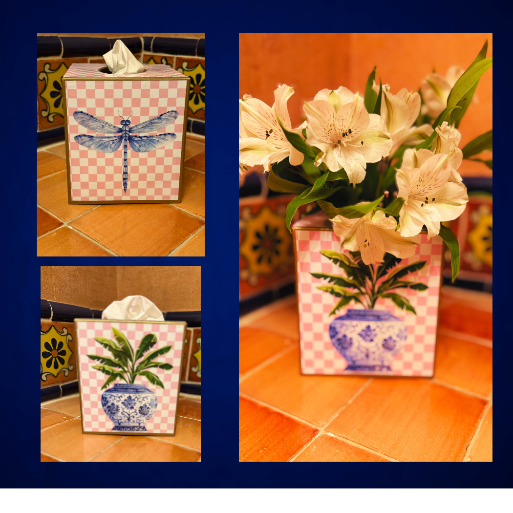 TOPICS IN THE TROPICS - Wholesale Tissue Box - Paper Mache Kleenex Box with chinoiserie vase and dragonfly1
