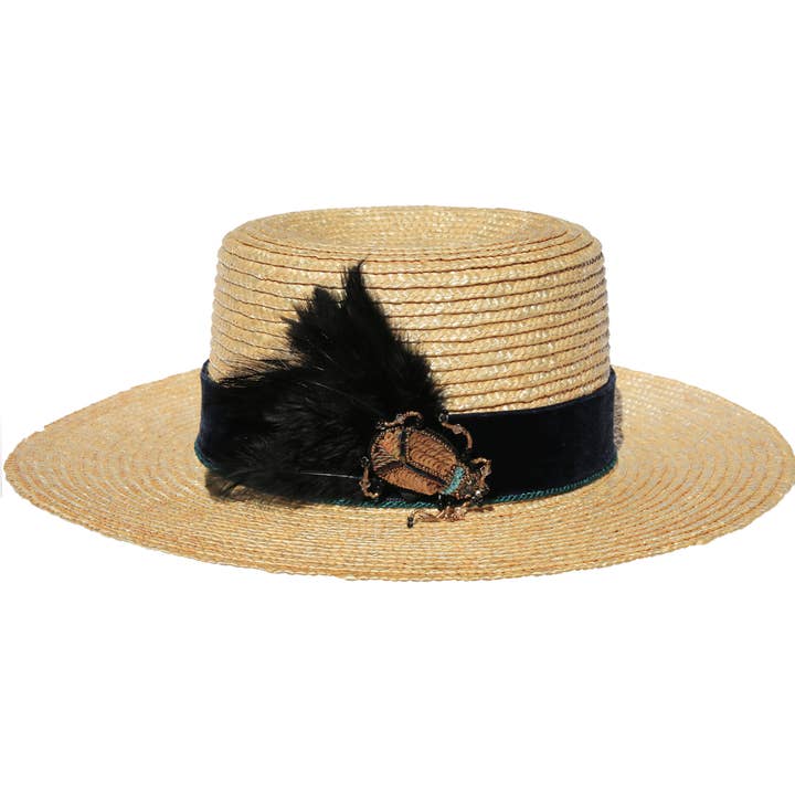 Bejeweled Beetle 20s Feather Straw Hat for wholesale by Kate Stoltz