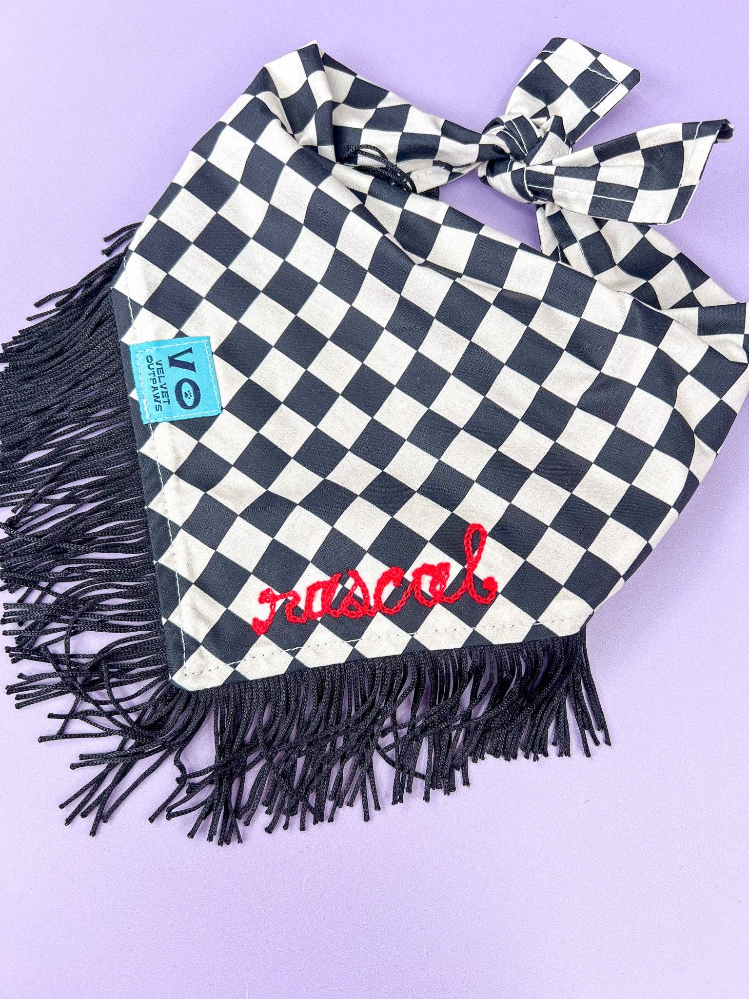 Velvet Outlaw - Wholesale Pet Bandana - Dog - Black & White Checker Dog Bandana with Fringe - Pet Accessories4