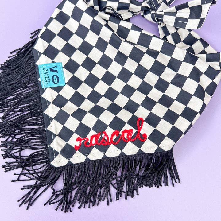 Velvet Outlaw - Wholesale Pet Bandana - Dog - Black & White Checker Dog Bandana with Fringe - Pet Accessories4
