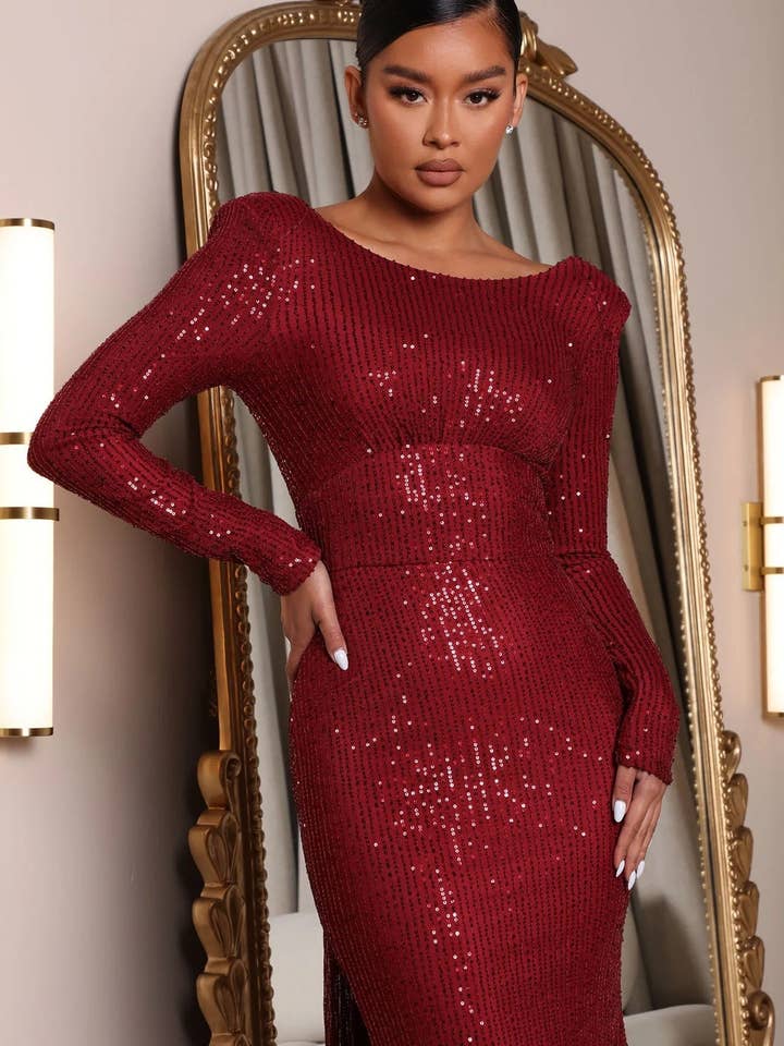 Burgundy Spring Women Clothing Sexy Backless Long Sleeves Slim Fit Slit Cocktail Formal Maxi Dress for wholesale on Faire1