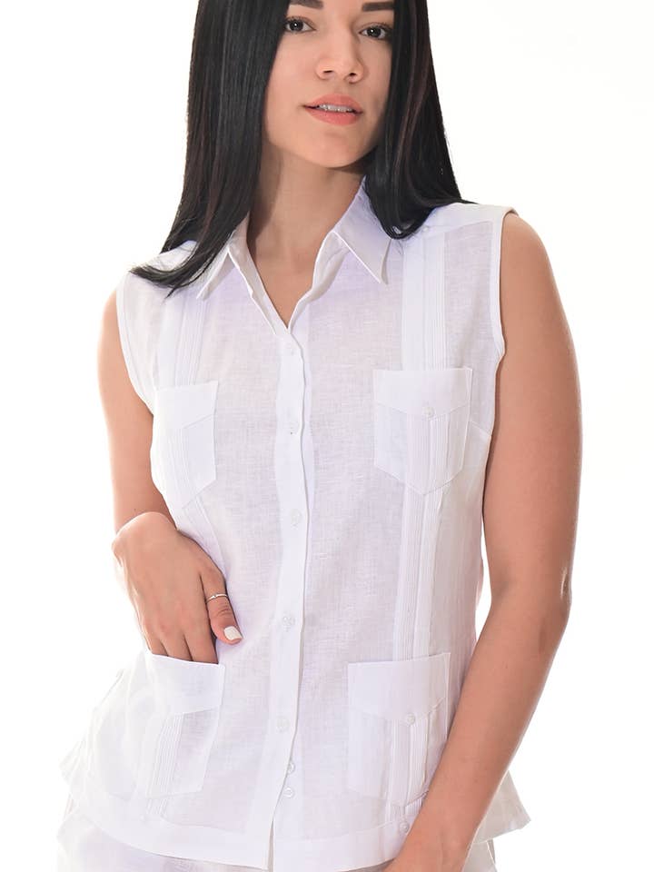 Ladies 100% Linen Guayabera Blouse Sleeveless-LLGB3006 for wholesale by Azucar & Bohio