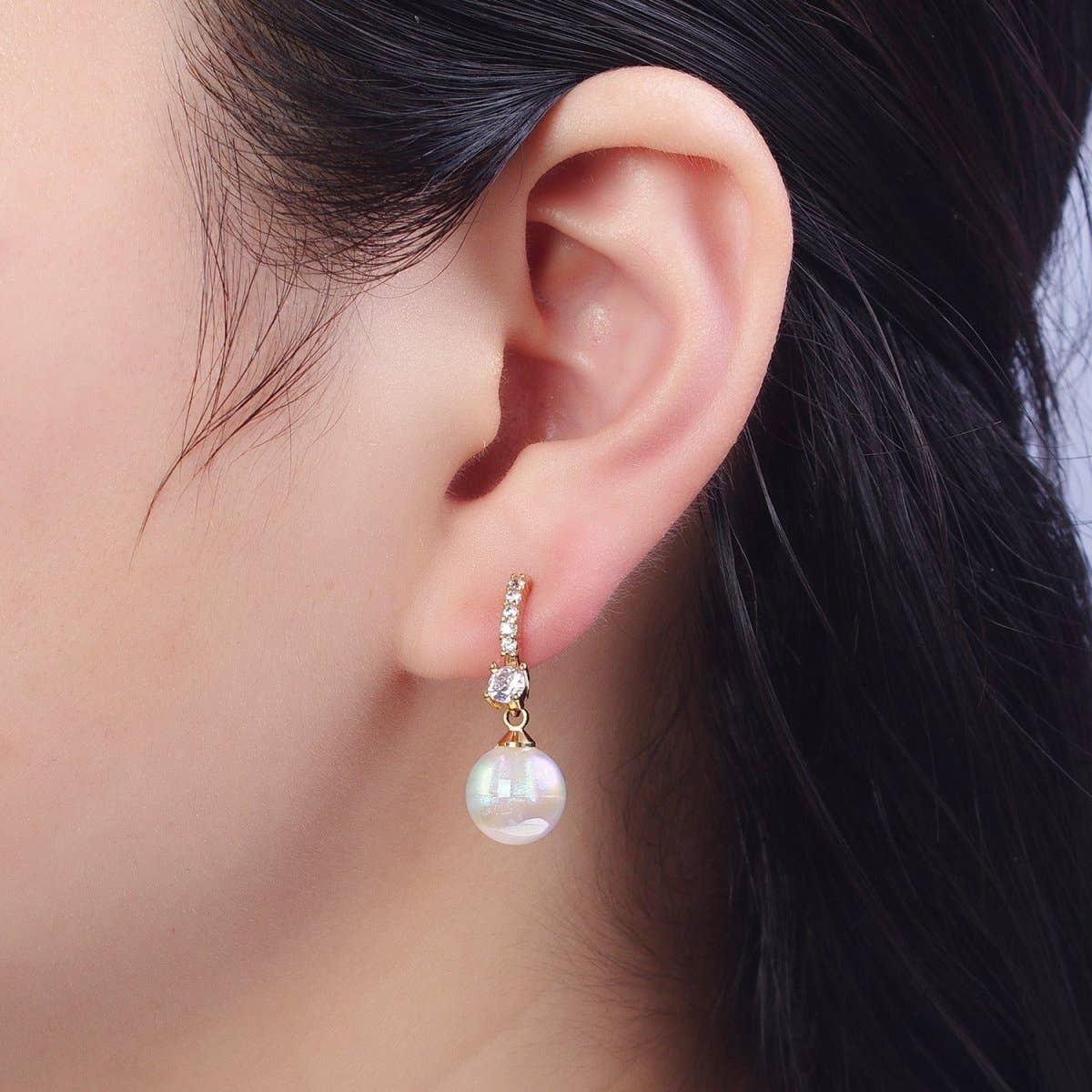 Aim Eternal - Wholesale Huggie Earrings - 24K Gold Filled Micro Pave CZ Crystal Huggie Small Hoop Earrings with Round AB Color Ball AD-4753