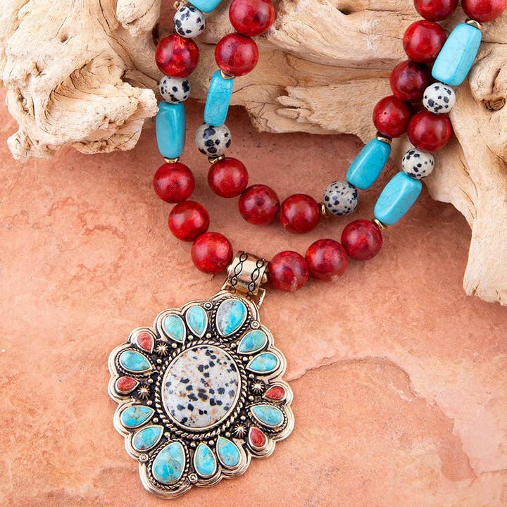 Barse Jewelry - Wholesale Pendant/Charm Necklace - Dalmatian Jasper Colorful Golden Pendant Necklace