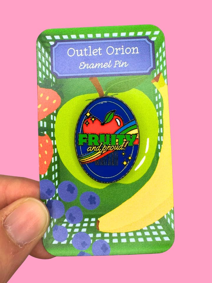 Fruity & Proud Produce Label Enamel Pin for wholesale by Outlet Orion