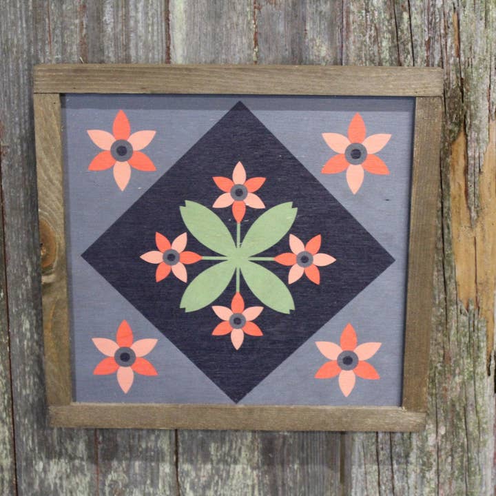Flower Barn Quilt Wood Floral Bloom Diamond Sign Pastel Country Brown Framed Square Pattern Block Print Wall Art Farmhouse Primitive Rustic for wholesale by Footsteps In The Past