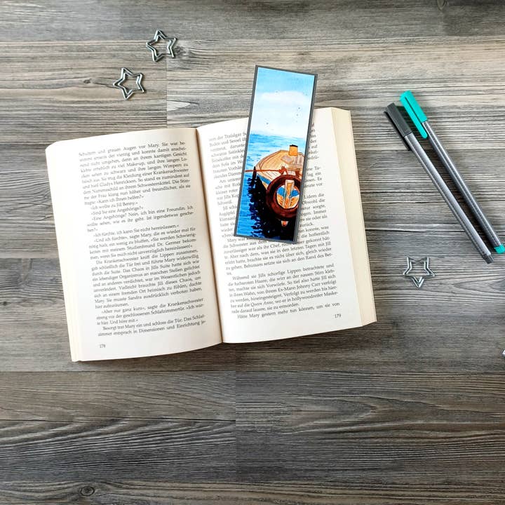 Handgemaakt aquarel boekenlegger Grieks vissersbootje voor wholesale door Christina Jenne Art and Design