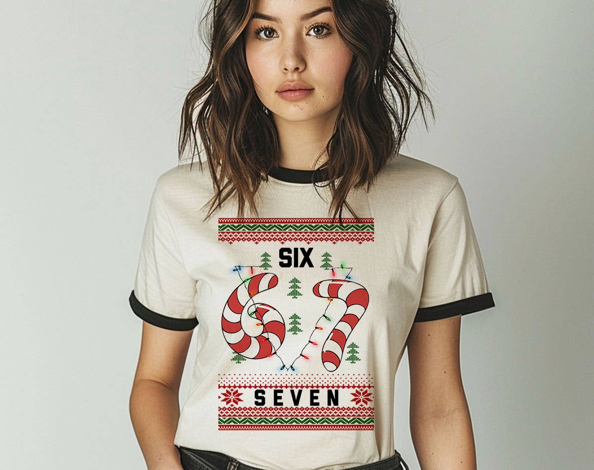 Natural Black 67 Ugly Christmas Sweater Meme Funny Ringer Shirt for wholesale on Faire0