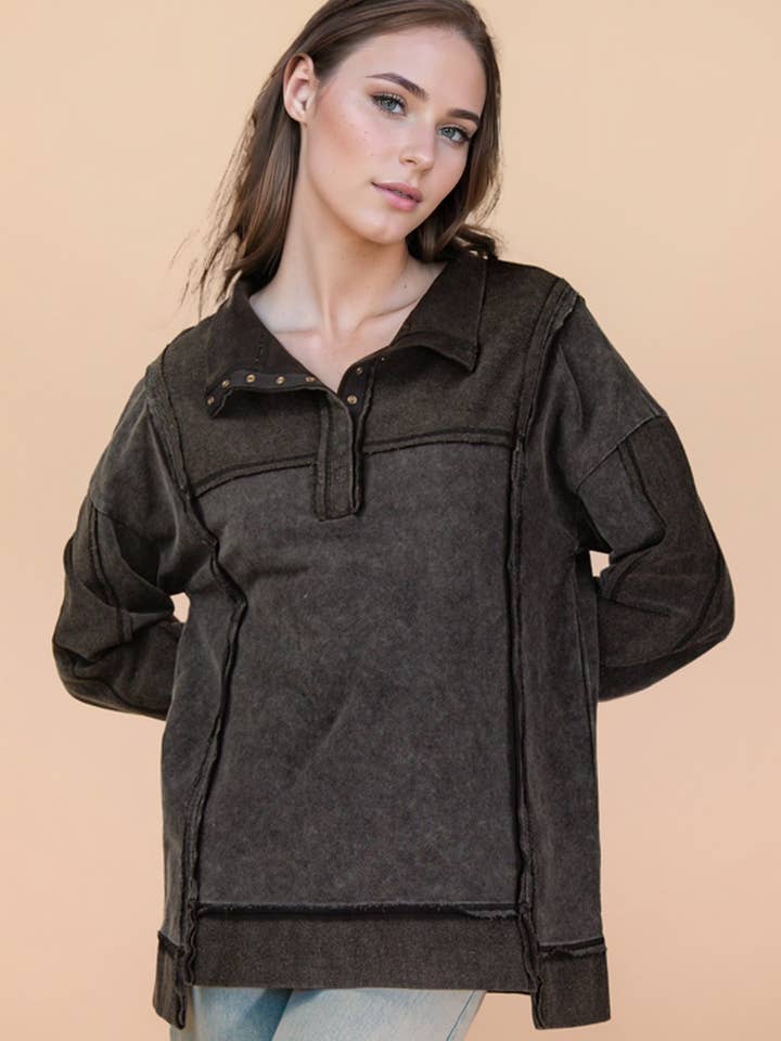 NT12365-Half Button Down Oversized Contrast Gebreide Top voor wholesale door VERY J