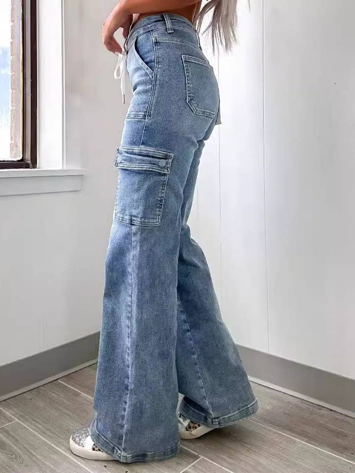 Light Blue Lace-Up Multi-Pocket Straight-Leg Denim Jeans for wholesale on Faire