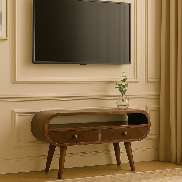 Solid Wood Circular TV Stand, 2 Drawers, Dark Brown for wholesale by Artisan Furniture