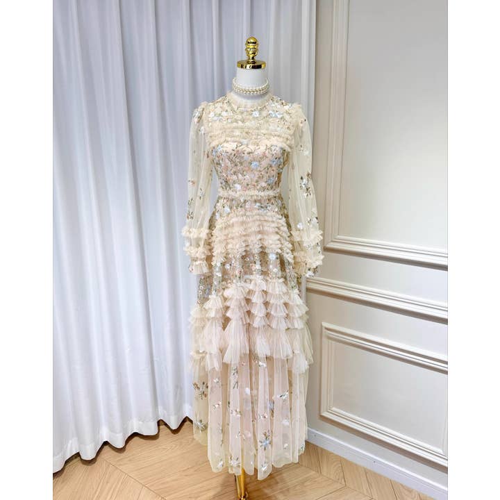 SY545 Blomstret Broderet Gennemsigtig Puffærme Lagdelt Maxikjole for engroshandel hos Sanyao Fashion