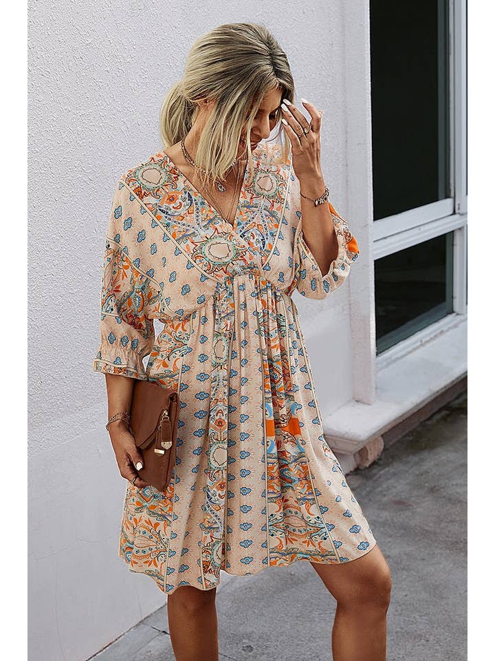 Supreme Fashion - Wholesale Dress - Women's - Boho Print Wrap Neck Tie Back Pleated Hem Dress