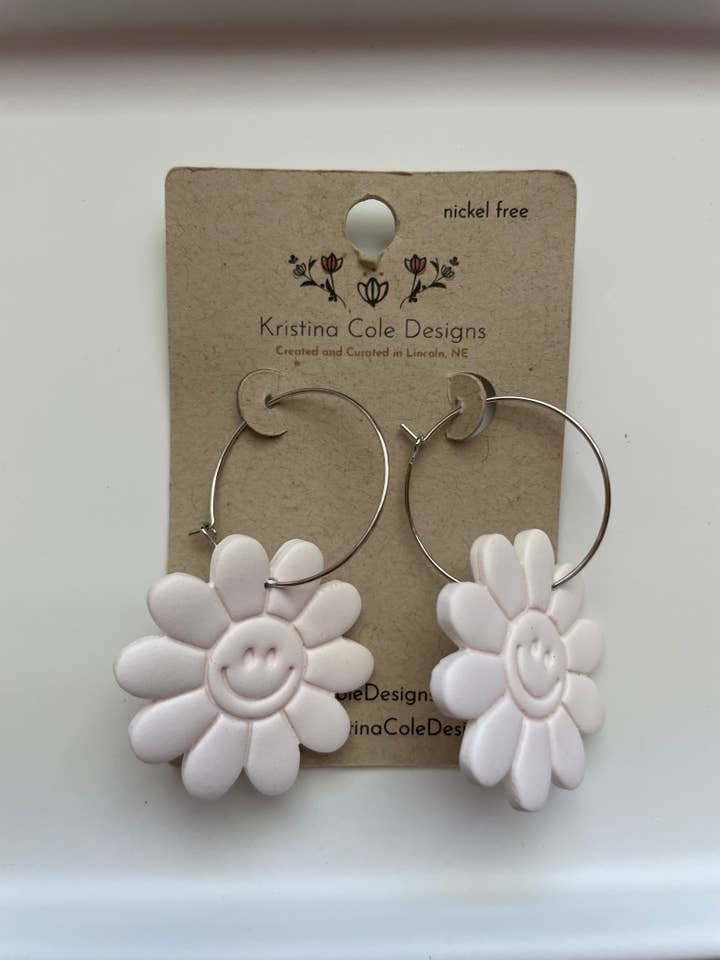 White smiley hoop earrings for wholesale by Kristina Cole Designs