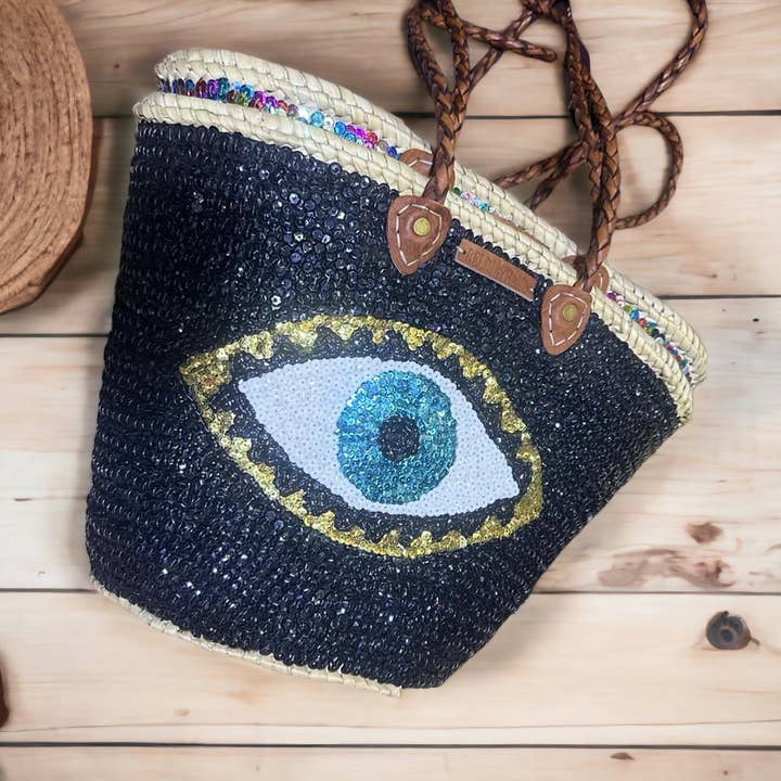 Melecraft - Wholesale Beach bag - Straw bag, french market basket with Sequins Leather Handles