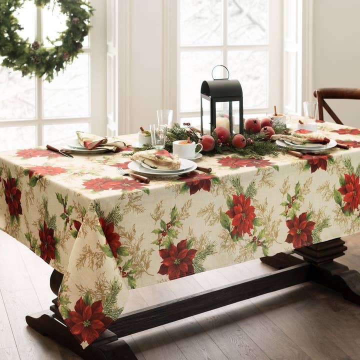 Festive Poinsettia Christmas/Holiday Fabric Tablecloth for wholesale by Threadmade Home