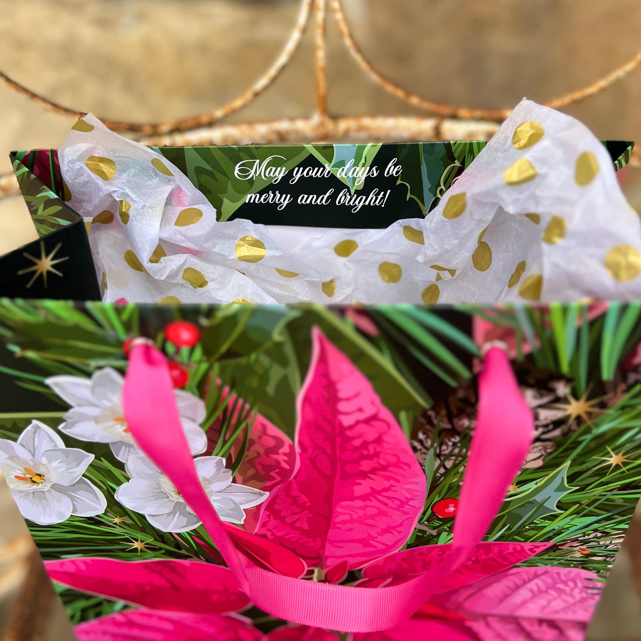 The Red Barn Press - Wholesale Gift Bag - LARGE Christmas Paper Gift Bags | Holiday Poinsettias4