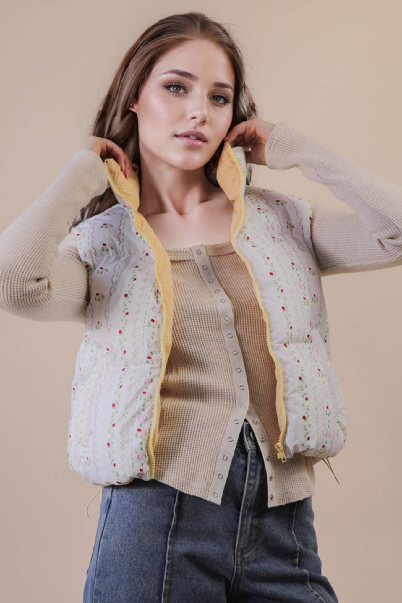 VERY J - Wholesale Outerwear Vest - Women's - NJ90395-Floral Printed Cropped Puffer Vest12