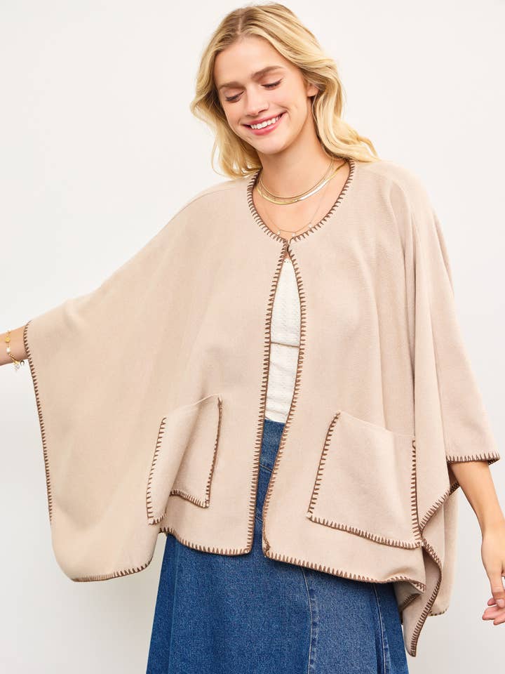 Mustard Seed - Wholesale Poncho - Women's - FRONT SNAP BUTTON CLOSURE KNIT PANCHO