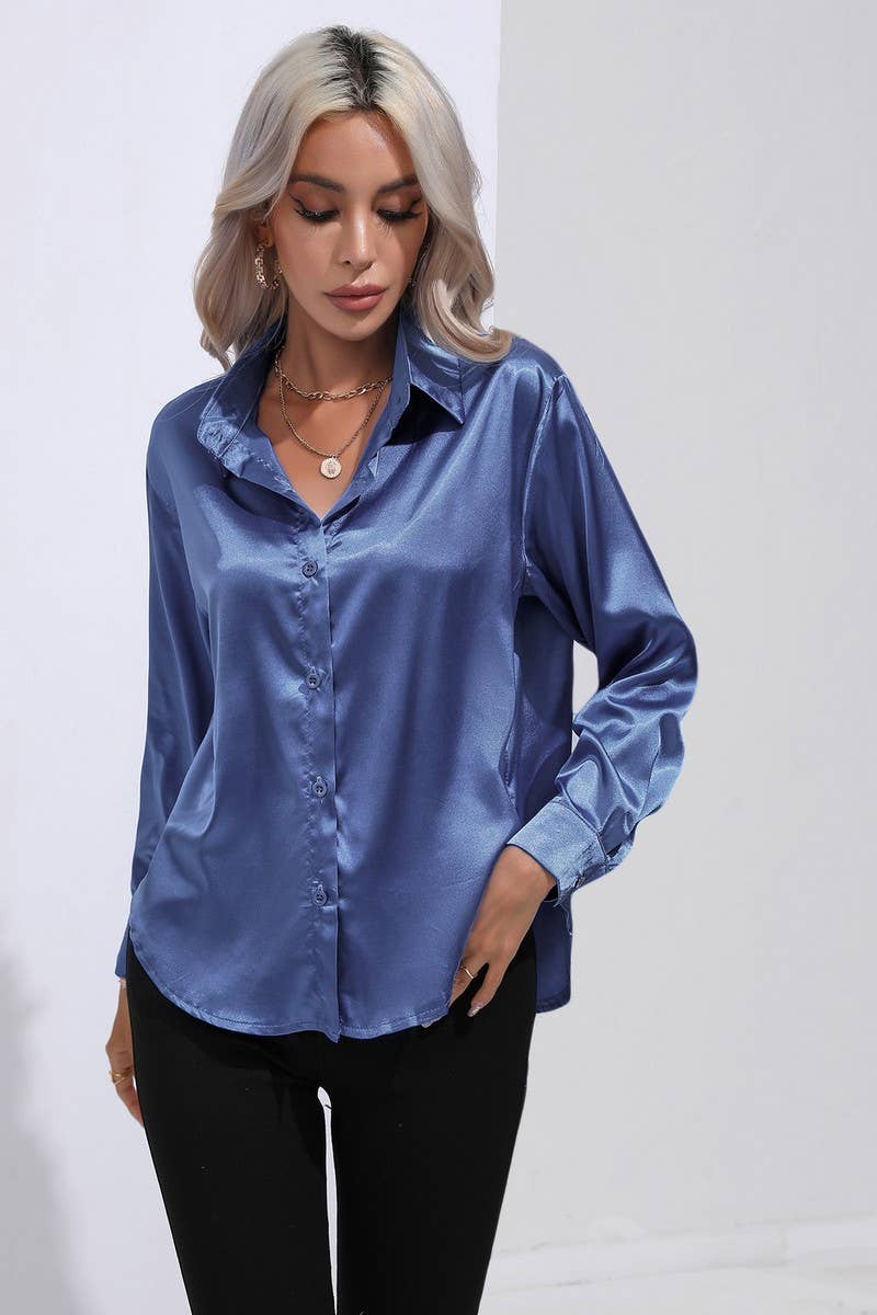 NINEXIS - Wholesale Button Down Shirt - Women's - CWTBLL0690_Button Down Silky Satin Long Sleeve Top48