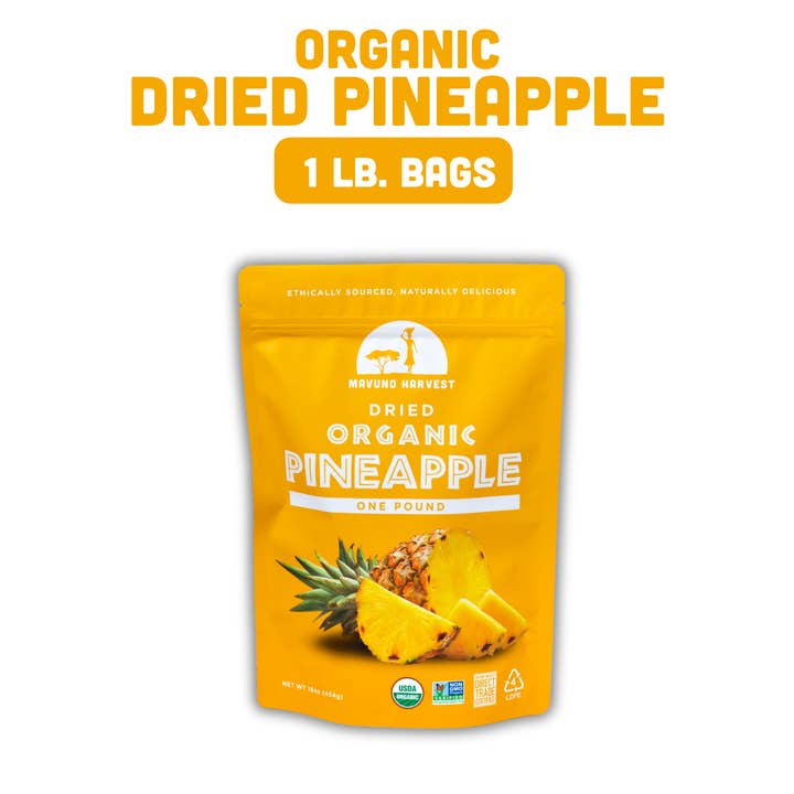 Mavuno Harvest Organics - Wholesale Dried/Dehydrated Fruit - Organic Dried Pineapple, 6-pack case