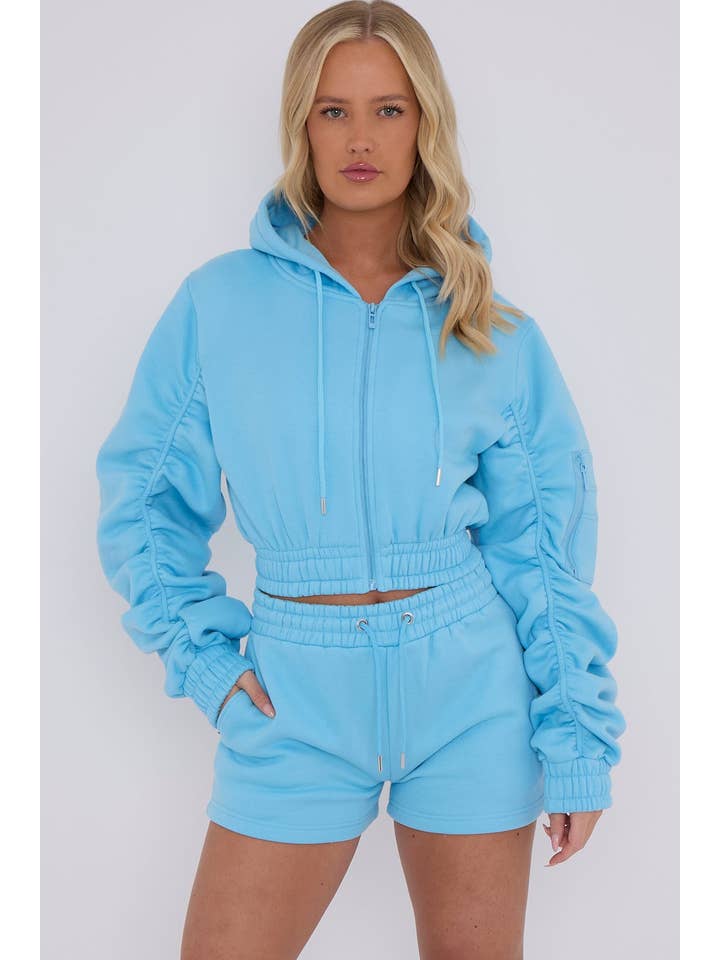 Stylewise Direct – wholesale Lounge set – Women's – Cropped Zip Up Ruched Sleeve Hoodie & Shorts Fleece Co-ord2