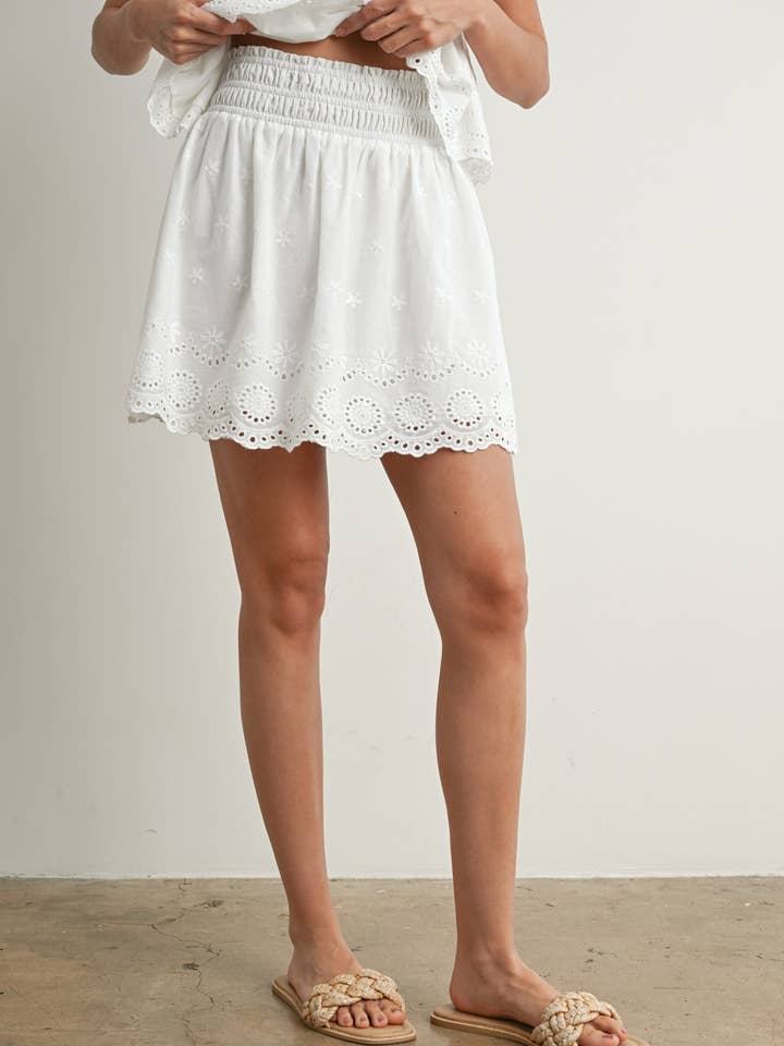 WHITE Eyelet Ruffle Smocked Skirt - BMS7764 for wholesale on Faire