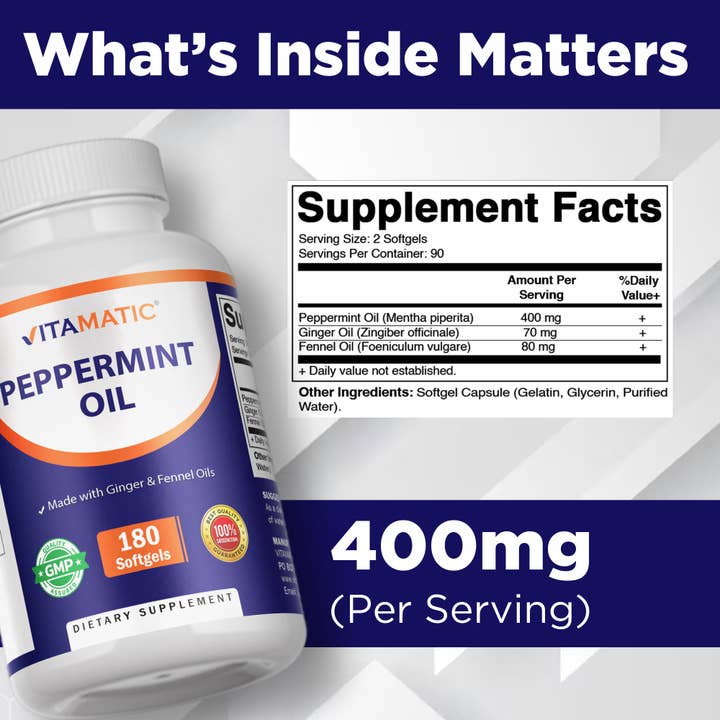 Vitamatic - Vente Supplément oral/vitamine - Vitamatic | Huile de Menthe Poivrée | 180 Capsules Molles1