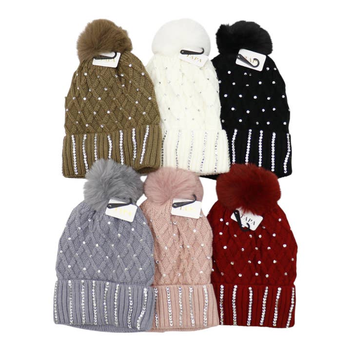 ASSORTED Pom Pom Knitted Beanie With Rhinestone HA4727-8 (12PC) for wholesale on Faire13