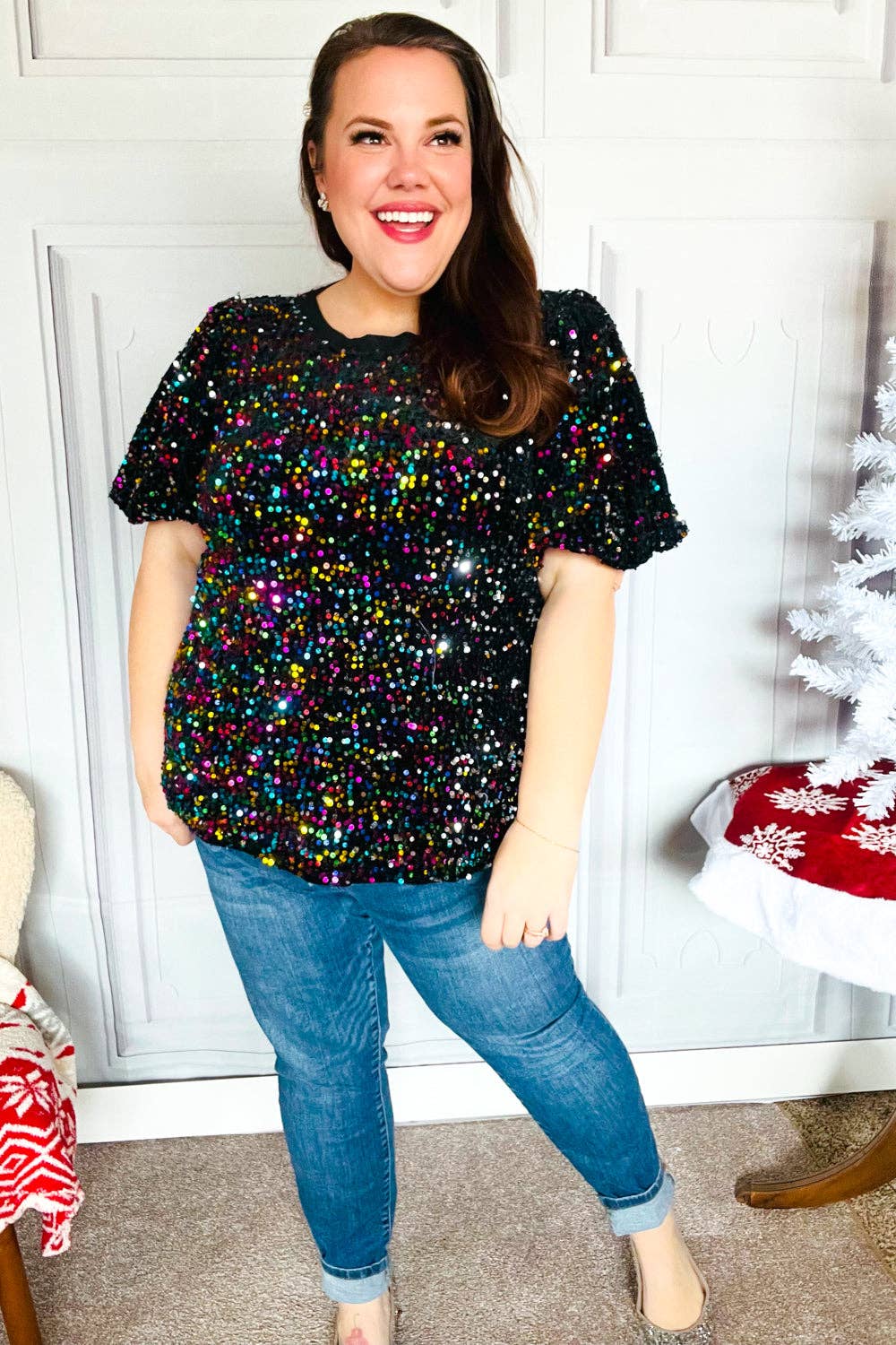 Promenade - Wholesale Blouse - Women's - Holiday Ready Black Velvet Multicolor Sequin Puff Sleeve Holiday Top (Open Pack)1