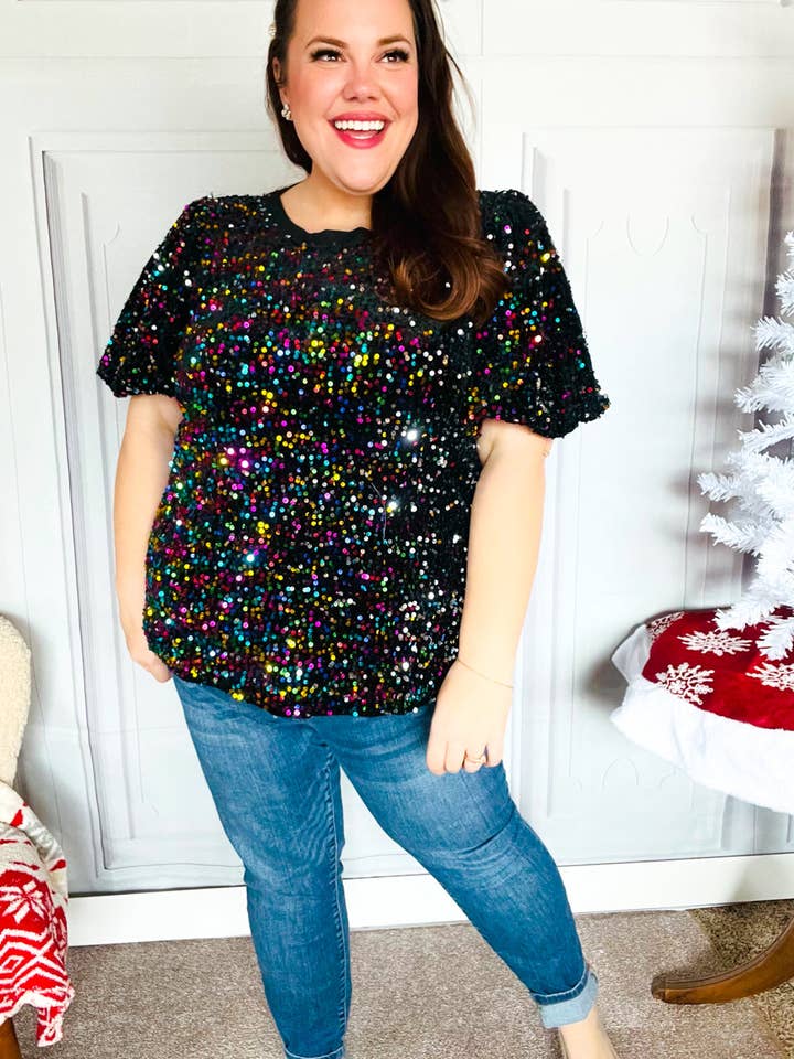 Promenade - Vente Chemisier – femme - Haut de fête en velours noir à sequins multicolores avec manches bouffantes (paquet ouvert)1