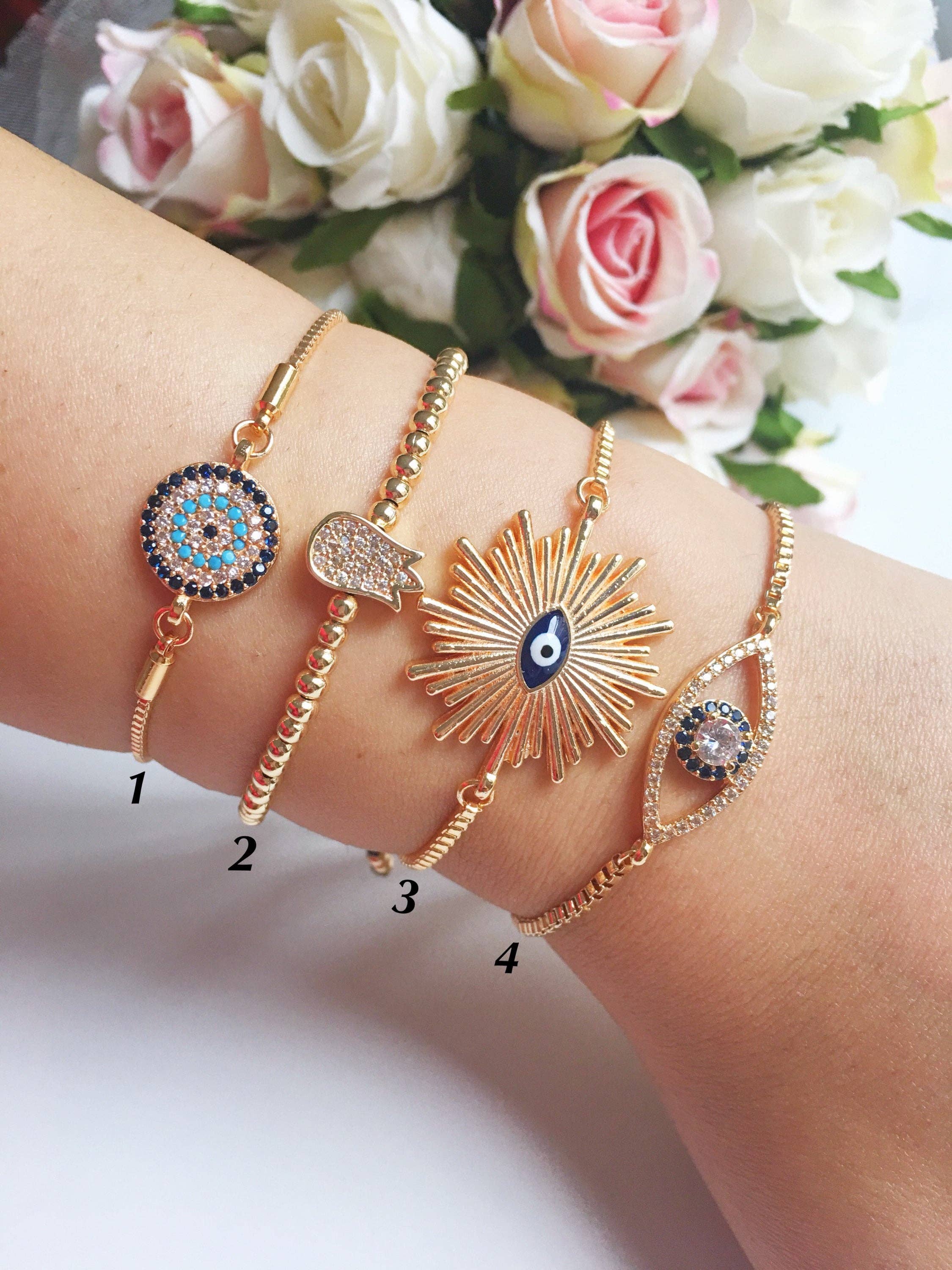 Evileyefavor - Wholesale Charm/Dangle Bracelet - Gold Evil Eye Bracelet, Adjustable Greek Jewelry1