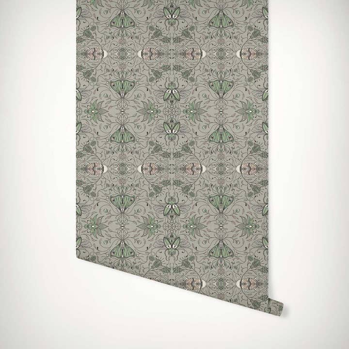 Beetle Nouveau Wallpaper (Grey/Pink/Green) for wholesale by Mimi&Bloom