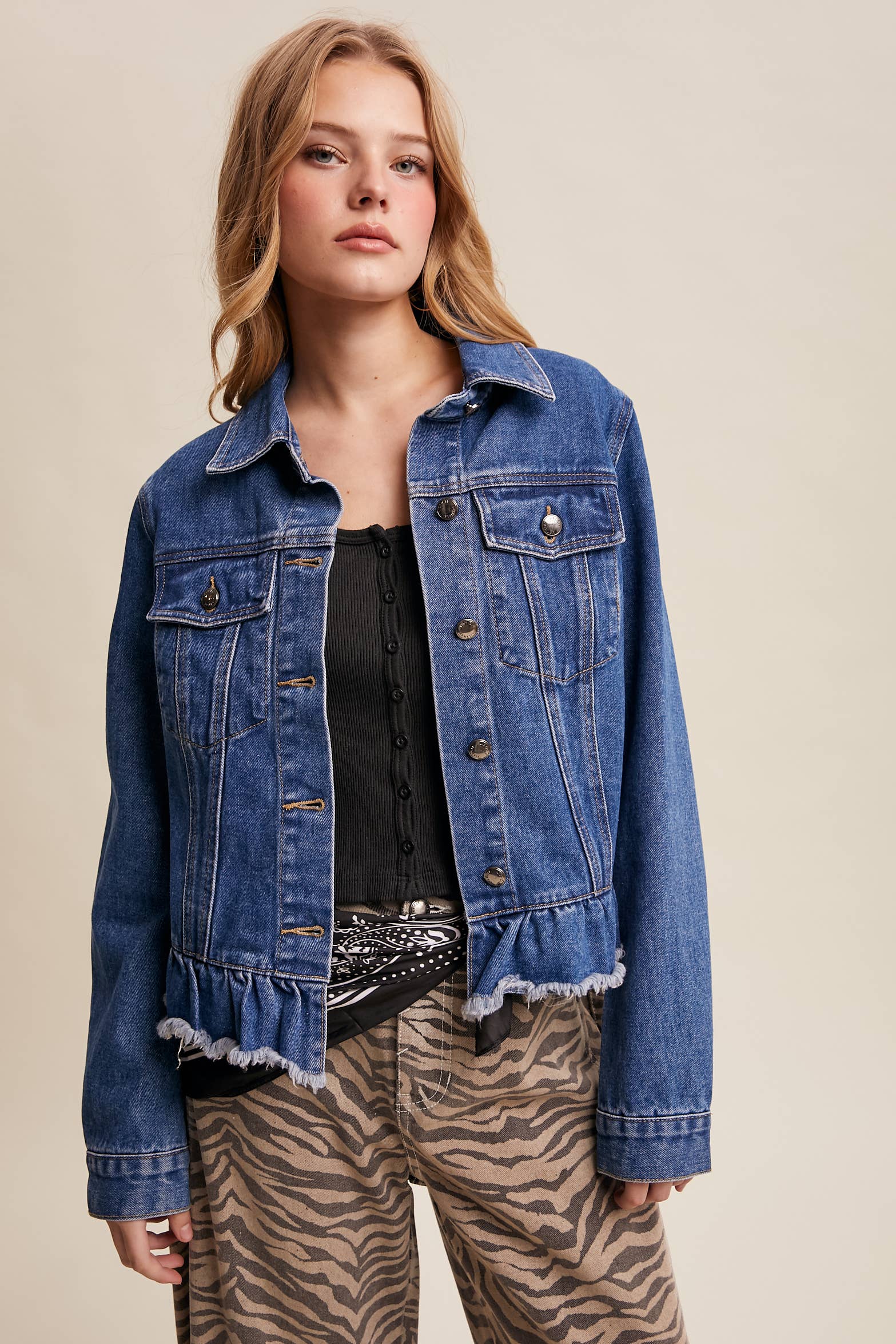 Listicle - Wholesale Denim Jacket - Women's - Ruffled Hem Denim Jacket LJ023619