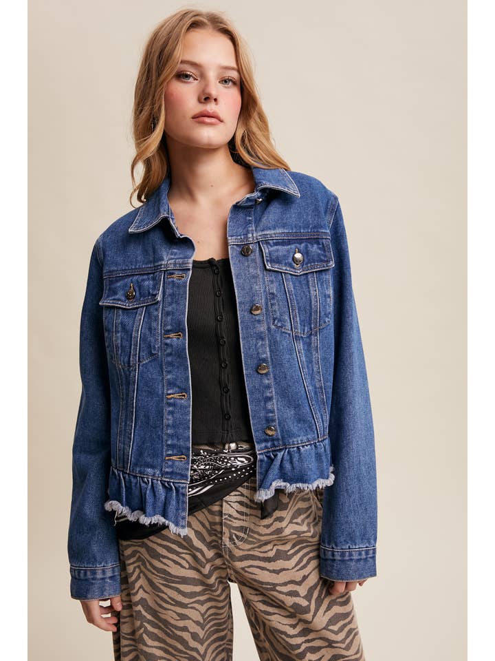 Listicle - Wholesale Denim Jacket - Women's - Ruffled Hem Denim Jacket LJ023619