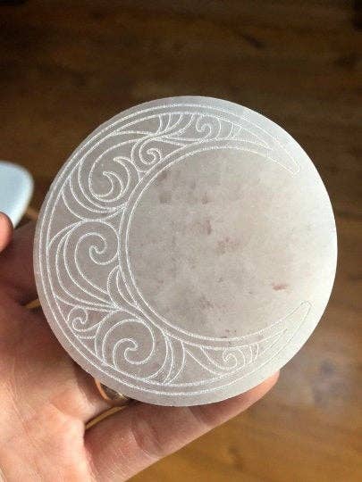 Etched Selenite Charging Plate, Crescent Moon for wholesale by CrystalsAhoy