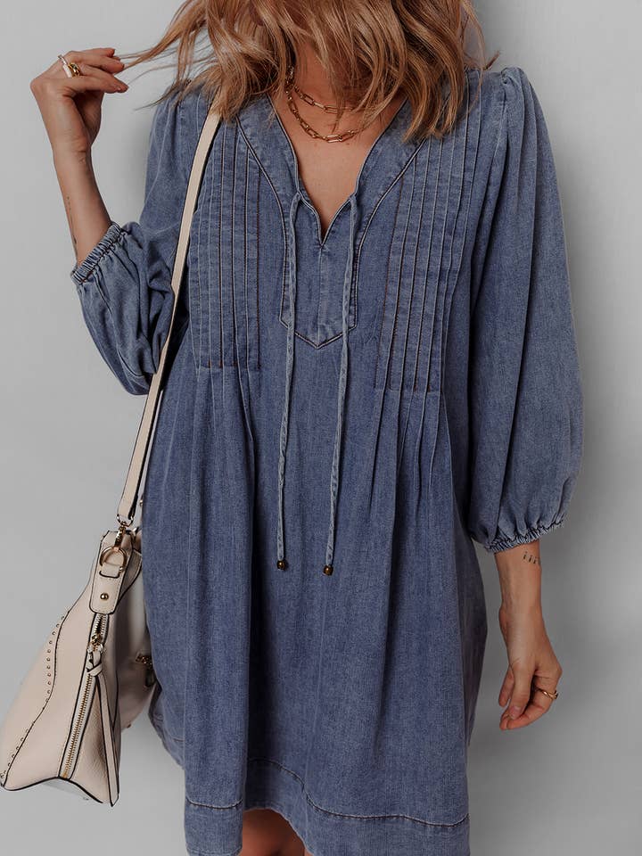 LDC 3/4 Sleeve Tied V Neck Pleated Denim Mini Dress for wholesale by Little Daisy Closet