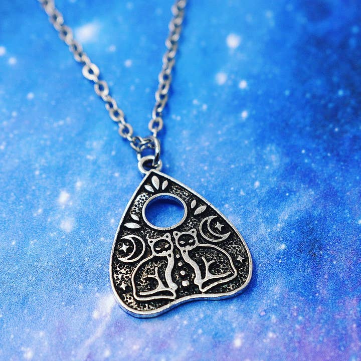 Necklace with ouija board with two cats and crescent moon for wholesale by JorieJewelry