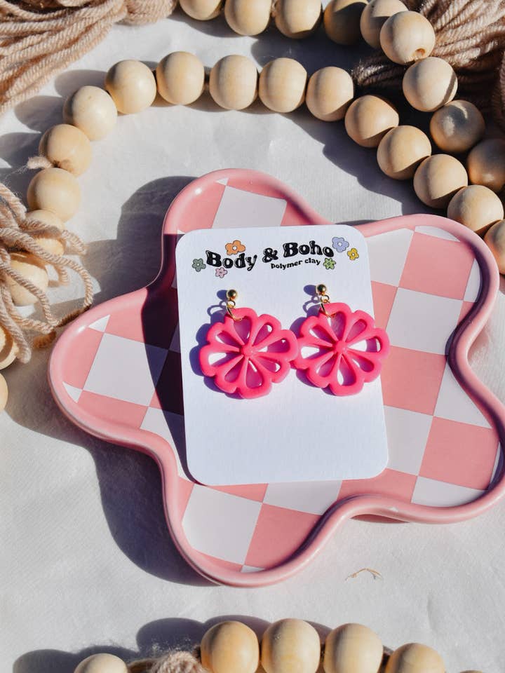 Hot Pink Flower Earrings for wholesale by Body & Boho