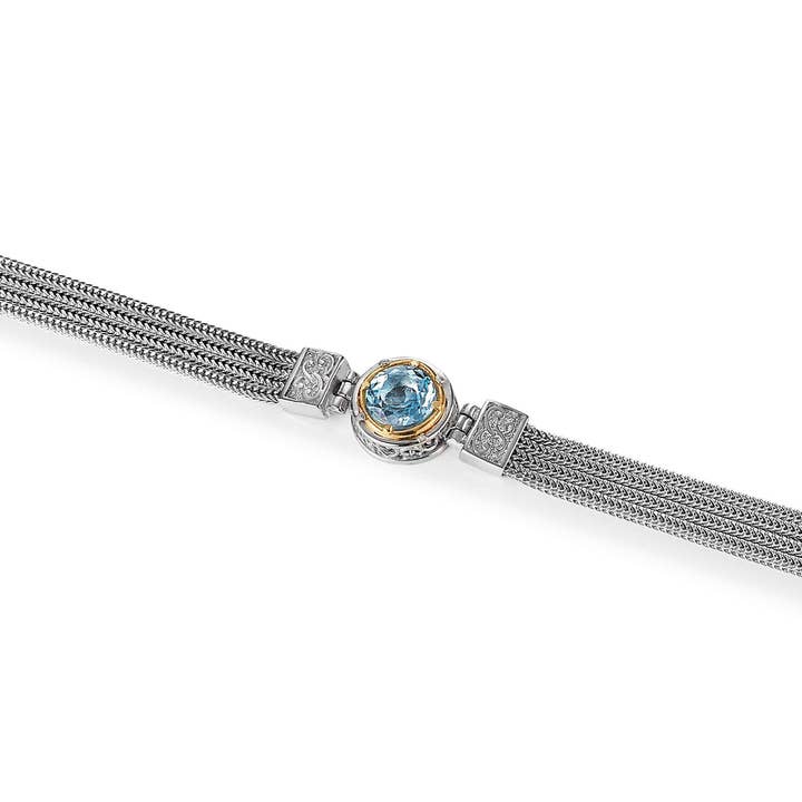 Bracelet à 4 rangs avec topaze bleue ronde et or vermeil 18 carats pour la vente par Anatoli Jewelry