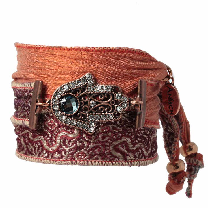 Blooming Dahlia - Hand of Fatima bracelet from Indian saris for wholesale by Anísch de la Cara