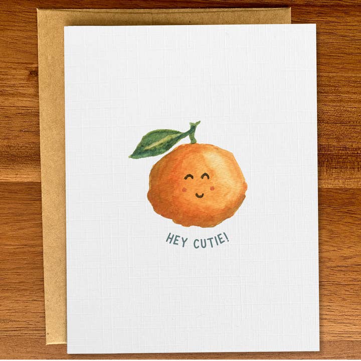 Hey cutie all-occasion food pun card, Cute orange love card for wholesale by Pink Hill Press